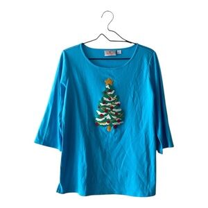 Quacker Factory Sky Blue Embroidered Christmas Tree T Shirt Women’s Size Small